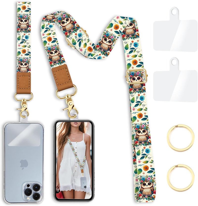 Yonlevres Phone Lanyard Crossbody Strap, Floral Owl Cell Phone Lanyards for around the Neck Wristlet Wrist Strap Animal Adjustable for Keys Case Accessories Travel Essentials - Image 1